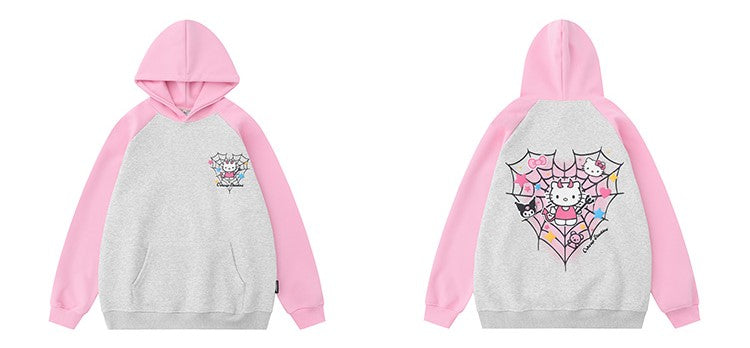 Kitty Cat Spider Web Y2K Pink Black Cartoon Print Sweatshirt Kitty Cat Spider Web Y2K Pink Black Cartoon Print Sweatshirt