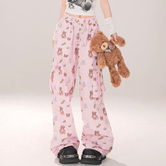 Young Eyes Cute Teddy Bear Pattern White Pink Elastic Waist Gathered Pants - Sugarplum Store