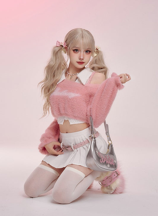Serendipity Autumn Ice Cream Berry Fuzzy Pink Sweater & White Top & Pleated Skirt Three Piece Set - Sugarplum Store