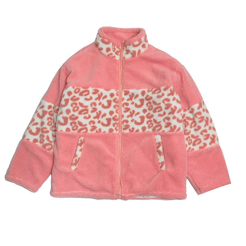 Retro Winter Plush Velvet Leopard Print Pink Blue White Jacket