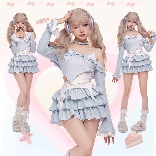 Serendipity Sea Salt Ruffled Pastel Blue Shirt Top & Skirt Two Piece Set - Sugarplum Store