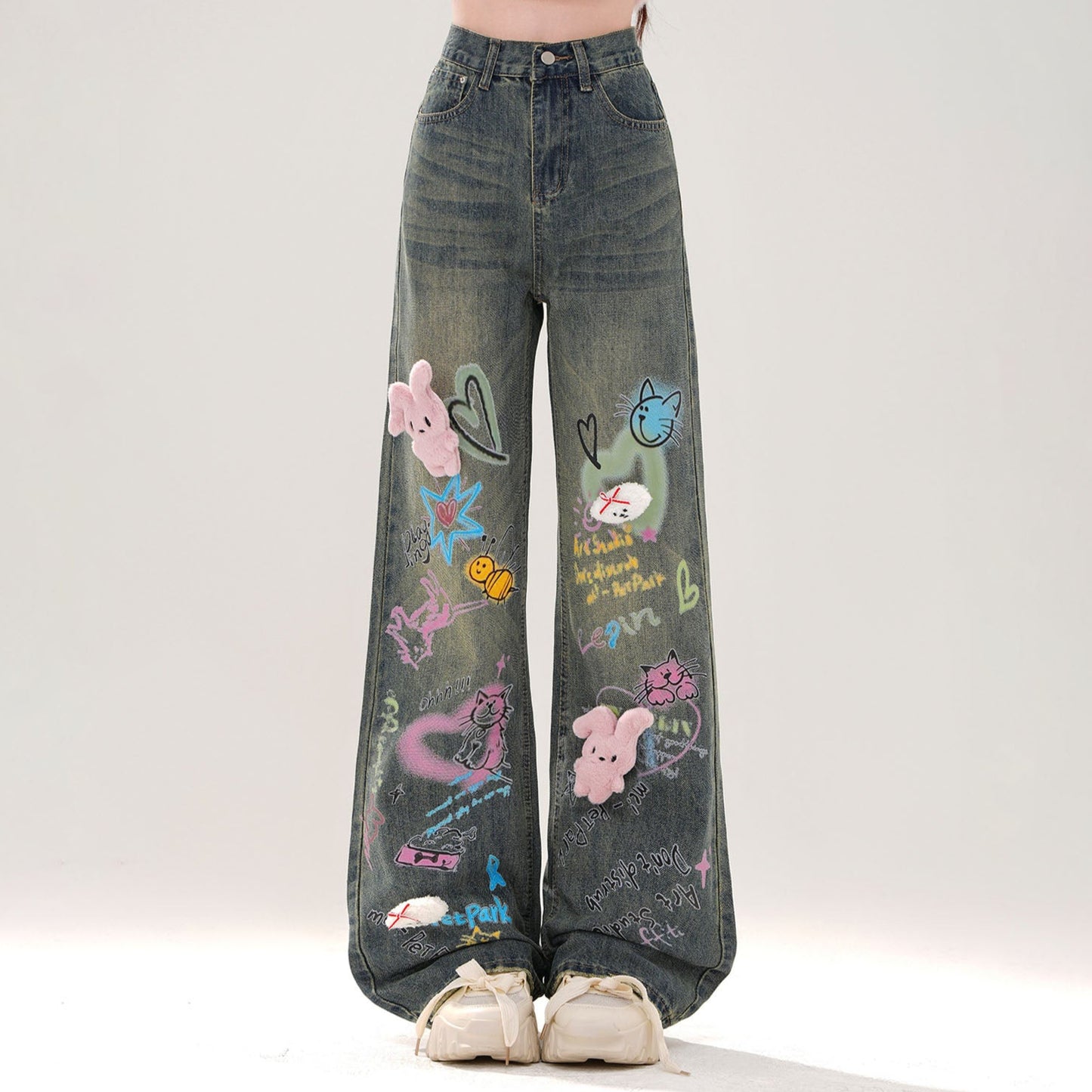 Young Eyes Graffiti Player Detachable Rabbit Baggy Jeans - Sugarplum Store