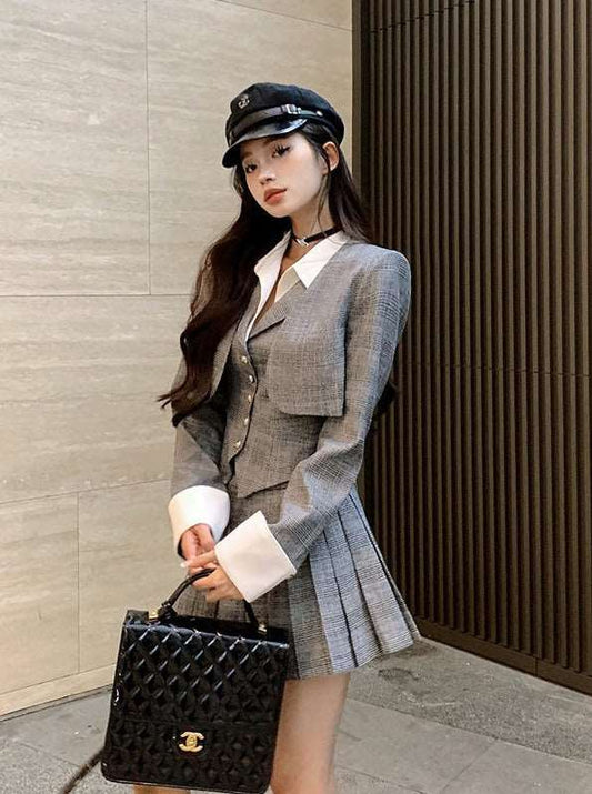 Academia Chic College Girl Gray Jacket & Vest & Pleated Mini Skirt Three Piece Set