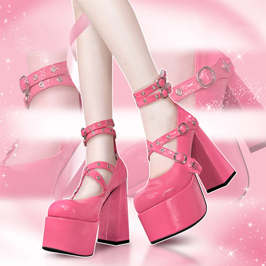Hot Pink x Black High School Girl Straps High Heels Shoes - Sugarplum Store