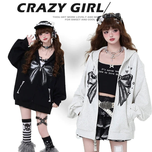 Crazy Girl Bow Street Style Gray Black Jacket Hoodie - Sugarplum Store