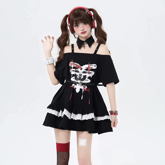 Crazy Girl Bone Love Mark Black Gray Oversize Long T-shirt - Sugarplum Store