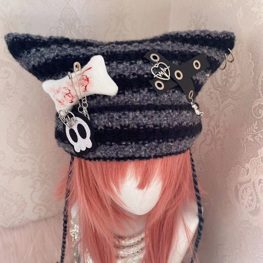 Y2K Handmade Knit Cross Skull Striped Cute Winter Hats Beanie - Sugarplum Store