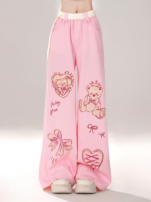 Young Eyes Y2K Cute Teddy Bear Print Beige & Pink Elastic Gathered Pants
