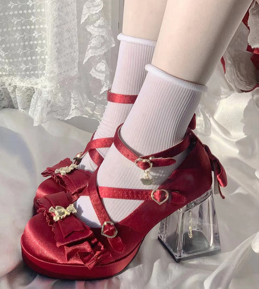 Moeka Chan Lolita Red Dream Bear Transparent Glass High Heels Shoes