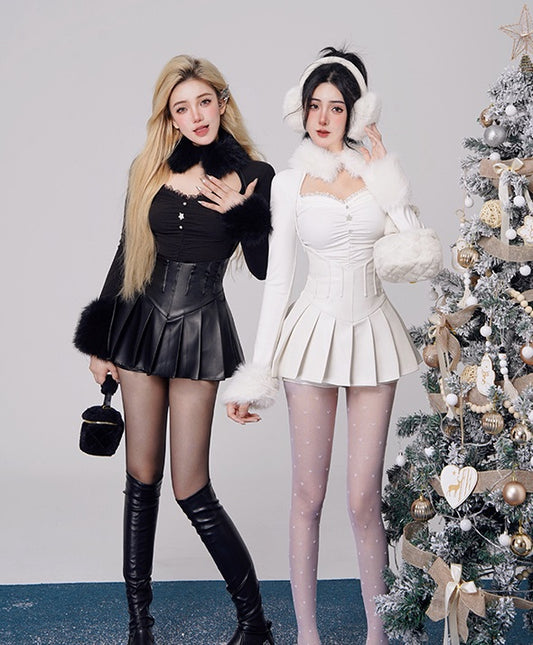 Kiki Fur Black White Sweater Shirt Top & Leather Pleated Skirt Two Piece Set - Sugarplum Store