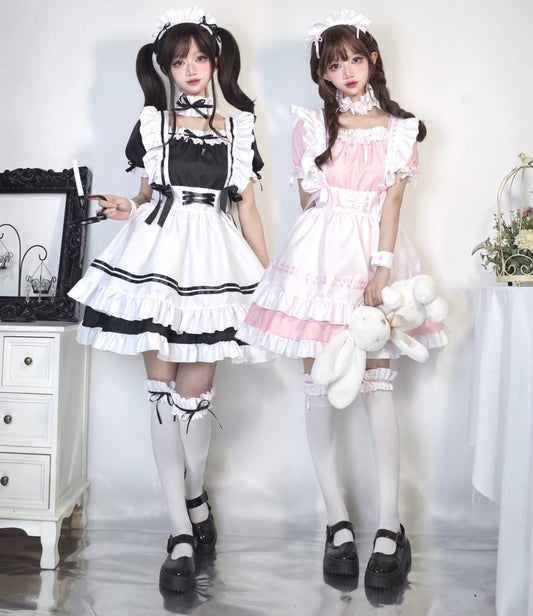 Plus Size Cosplay Monogatari Black & Pink Maid Costume Dress Set