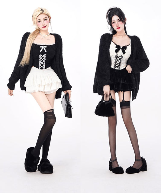 Kiki Coquette Chic Lace Bow Black White Top Shirt - Sugarplum Store