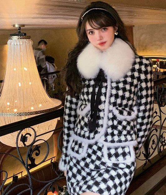 Acacia Classic Houndstooth Fur Collar White Black Jacket Skirt Two Piece Set