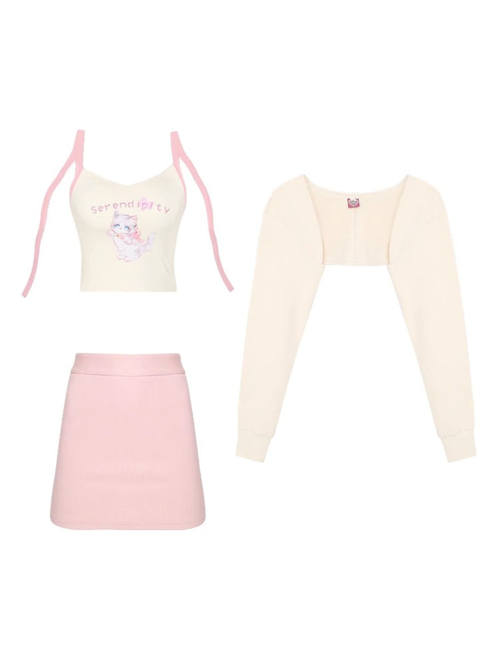 Serendipity Autumn Sweet Pink Plush Cardigan Jacket & White Shirt & Plaid Mini Skirt Three Piece Set