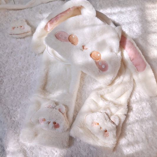 Cute White Rabbit Hanfu Lolita Style Winter Hat Pocket Scarf Set