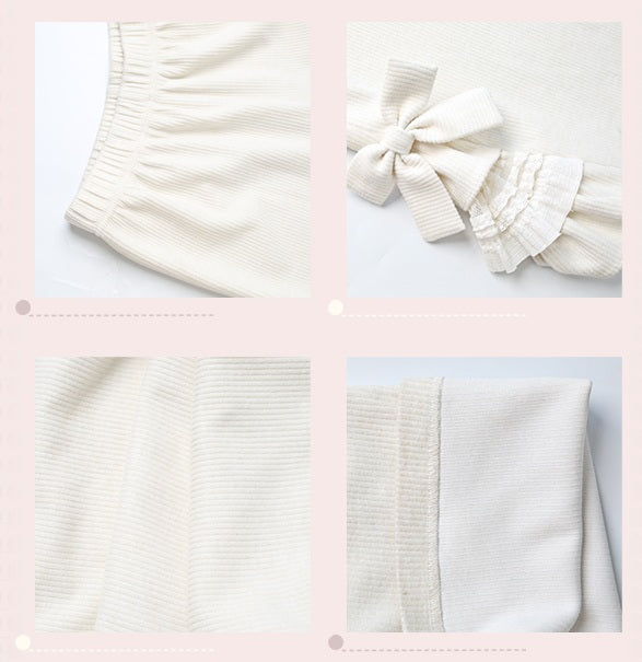 Collage of a white knit pants with a large bow on a pink background