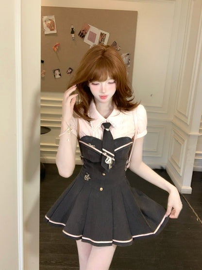 Creamy Cute Sakura Senpai Pink Shirt Top & Gray Dress Two Piece Set - Sugarplum Store