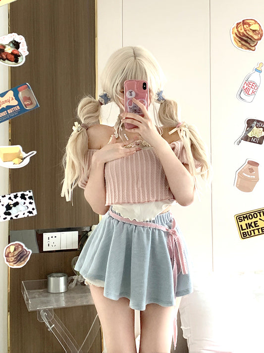 Serendipity Balletcore White Lace Halter Neck Tank Top & Pink Shirt & Blue Skirt Three Piece Set - Sugarplum Store