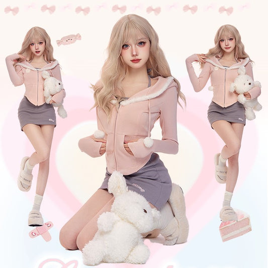 Serendipity Plush Edge Pink Hooded Jacket & Gray Halter Neck Tank Top & Mini Skirt Three Piece Set - Sugarplum Store