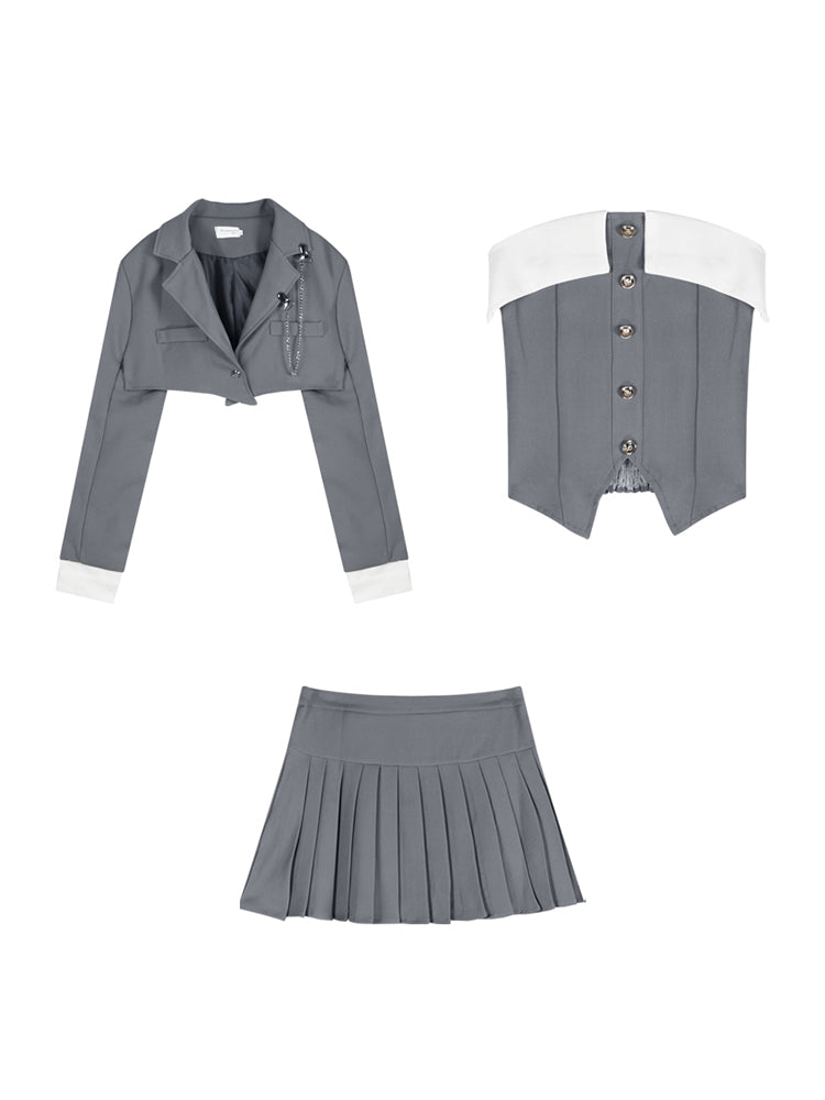 Kiki Academia Silver Gray Blazer Tube Top Skirt Three Piece Set