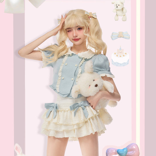 Serendipity Coquette Bear Doll Collar Blue Puff Sleeve Shirt & White Tutu Mini Skirt Two Piece Set - Sugarplum Store