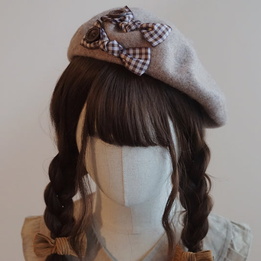 Cute Autumn Fall Handmade Original Knit Bow Brown Houndstooth Beret Hats