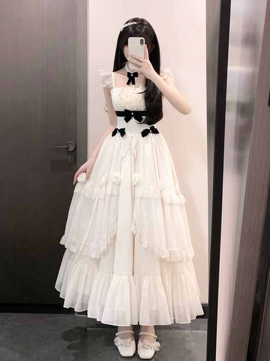 Platycodon Girls Elegant Rose Lady Cream Black Lolita Long Dress - Sugarplum Store