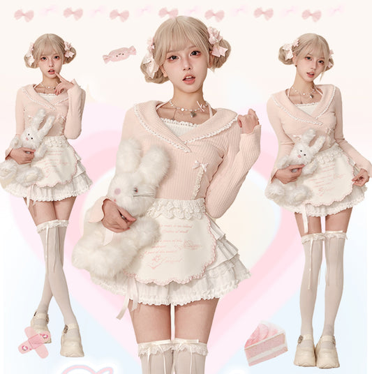 Serendipity Dessert Pink Knit Sweater Top & White Apron Ruffled Skirt Two Piece Set - Sugarplum Store