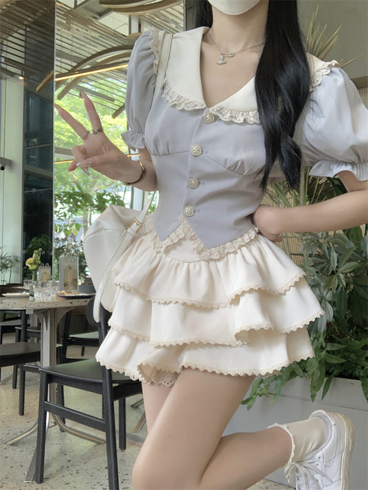 Lazy Girl Coquette Blue Puff Sleeve Shirt Blouse & Ruffled White Mini Skirt Two Piece Set - Sugarplum Store