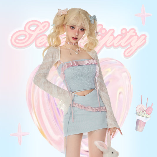 Serendipity Sweet Sexy Small Blue Tank Top & Mini Skirt & Cardigan Three Piece Set - Sugarplum Store