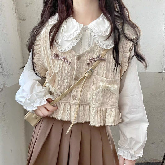 Cute Cream Little Bows Vest & Doll Collar White Blouse Shirt Two Piece Set - Sugarplum Store