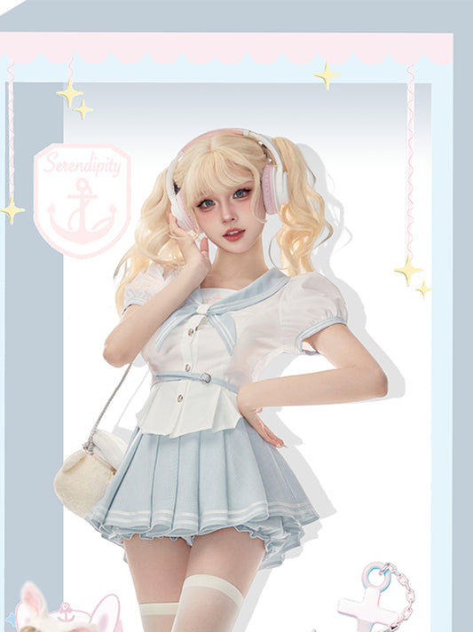 Serendipity Summer Voyager Blue Seifuku Sailor Collar Shirt Top & Skirt Two Piece Set - Sugarplum Store