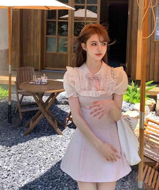 Acacia Coquette Sweet Doll Petite Girl White Ruffled Collar Pink Dress
