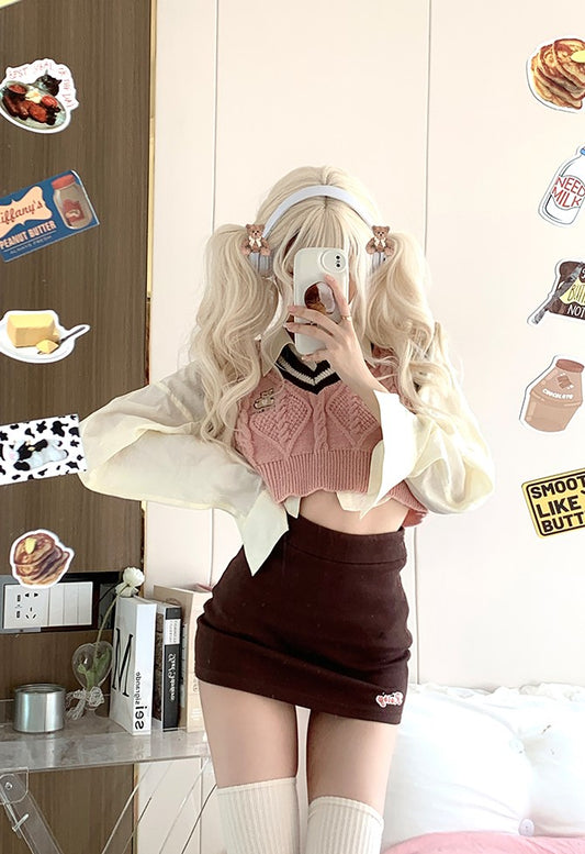 Serendipity Autumn Teddy Bear Embroidery Knit Pink Vest & Beige Blouse Shirt & Brown Mini Skirt Three Piece Set - Sugarplum Store