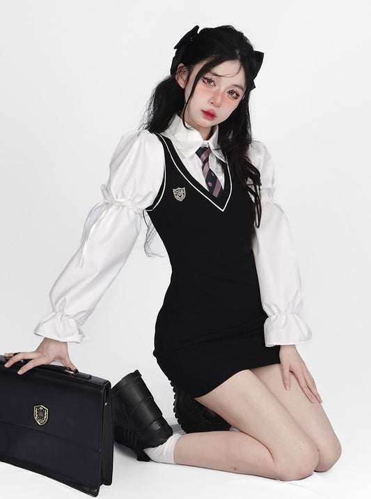 Young Eyes Preppy College School Girl Academia Black & White Shirt Dress Two Piece Set