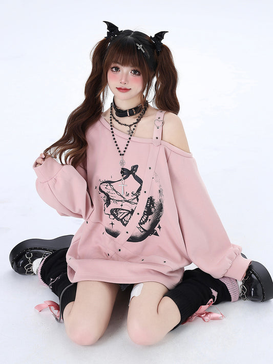 Crazy Girl Butterfly Effect Black Pink Off Shoulder Sweater Top