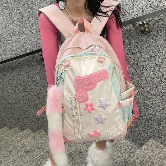 Y2K Pink Pistol Foxtail Large Capacity Student Backpack Bag