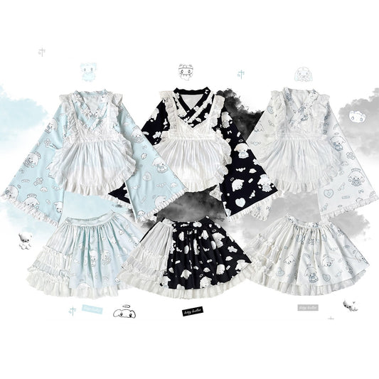 Kitten Bullet Healing Therapy Blue Black White Kimono Apron Skirt Three Piece Set