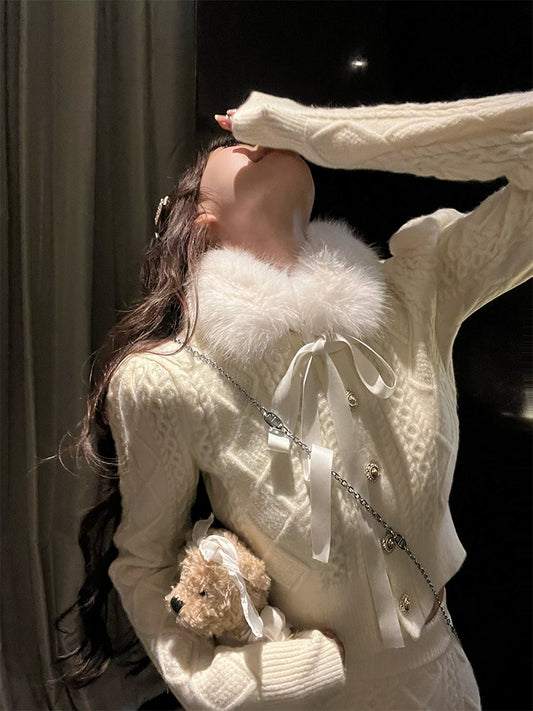 Lazy Girl Socialite Winter Chic White & Gray Knit Sweater Skirt Two Piece Set - Sugarplum Store