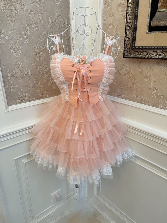 Sweetheart Princess Fairy Strap Cake Peach Pink Dress - Sugarplum Store