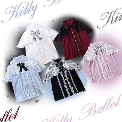 Kitten Bullet Love Princess Short Sleeve Black White Blue Blouse Top