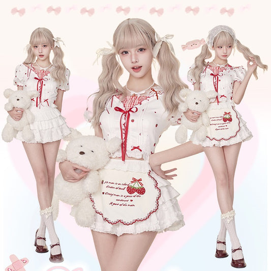 Serendipity Strawberry Mousse Summer White Red Top Skirt Apron Three Piece Set - Sugarplum Store