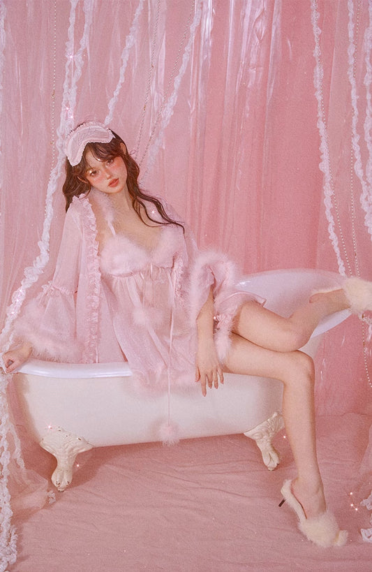Fancy Girl Valentine Sexy Girly Pajamas Pink Nightgown Nightdress Robe Set