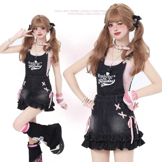 Crazy Girl Wonderful Holiday Black Denim Ruffle Suspender Skirt - Sugarplum Store