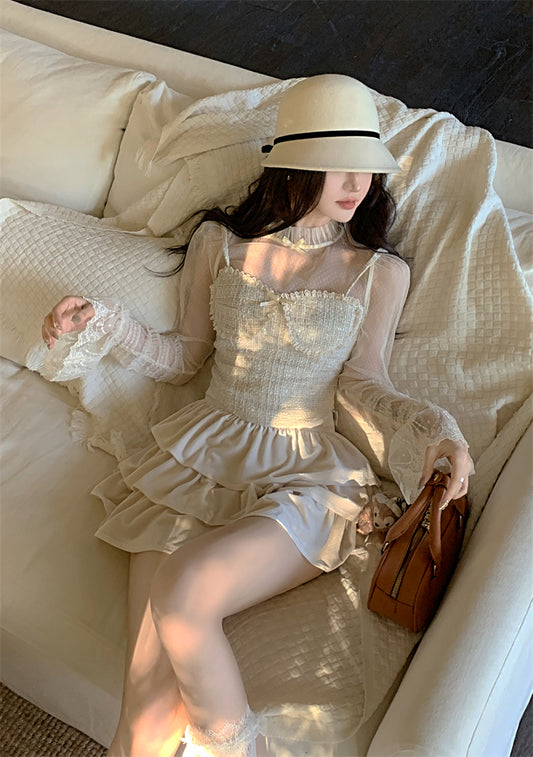 Lazy Girl Moonlight Letter Cream Beige Lace Mesh Shirt Top & Velvet Ruffled Skirt Two Piece Set - Sugarplum Store