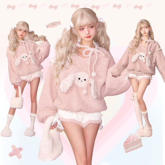 Serendipity Autumn Pink Cute Puppy Fuzzy Woolen Sweater Top & Shorts Two Piece Set - Sugarplum Store