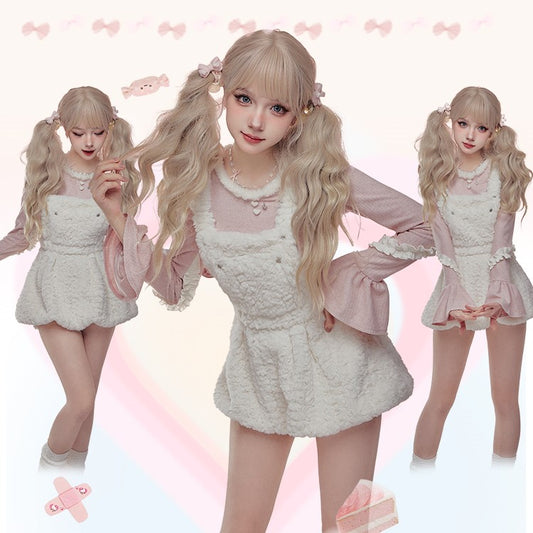 Serendipity Winter Peach Pink Sweater Top & Fur Plush White Suspender Dress Two Piece Set - Sugarplum Store