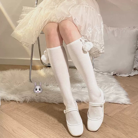 Lolita Victorian Pompom Balls White Black Pink Blue Purple Under The Knee Socks - Sugarplum Store