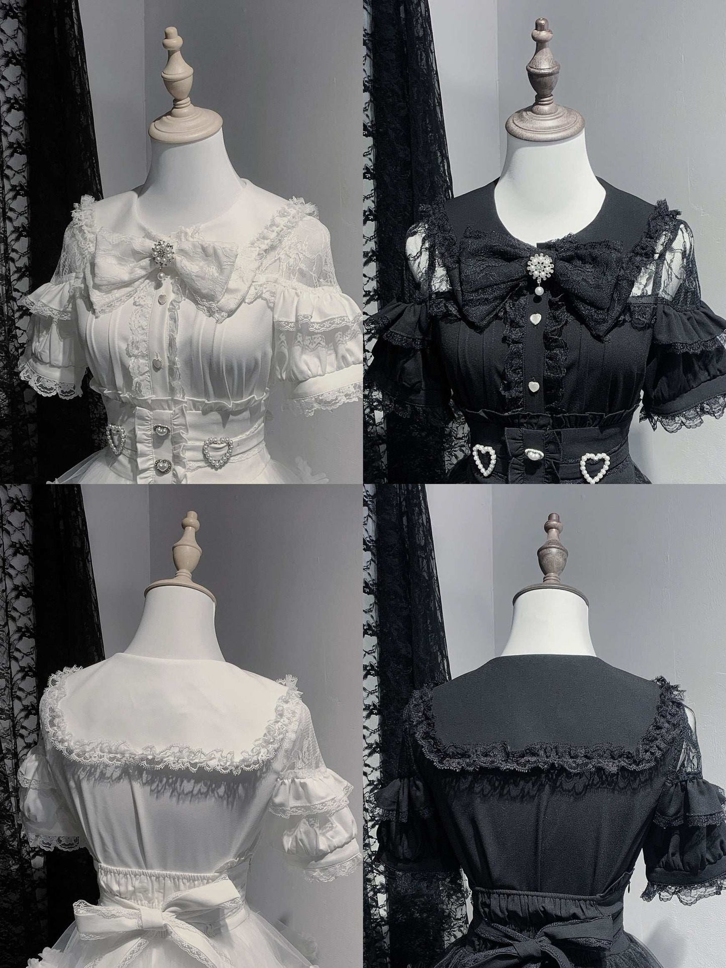 Set of mannequin displays with white and black Victorian-style dresses.