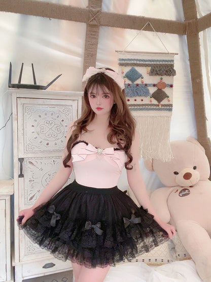 Sweetheart Princess Black White Lace Cake High Waist Mini Skirt - Sugarplum Store